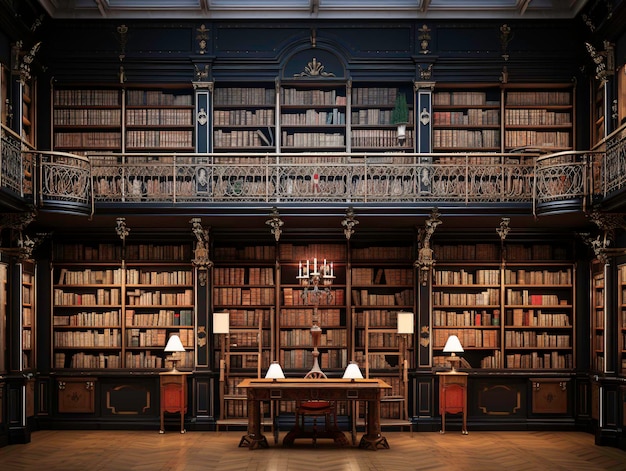 a library with a table and bookshelves