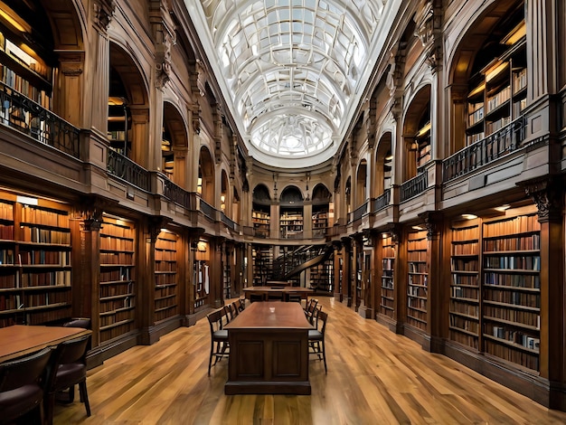 a library with a table and chairs with a large fireplace in the middle