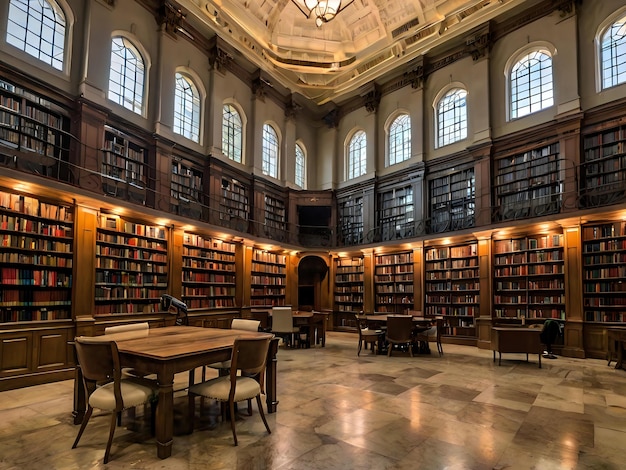 a library with a table and chairs with a large fireplace in the middle