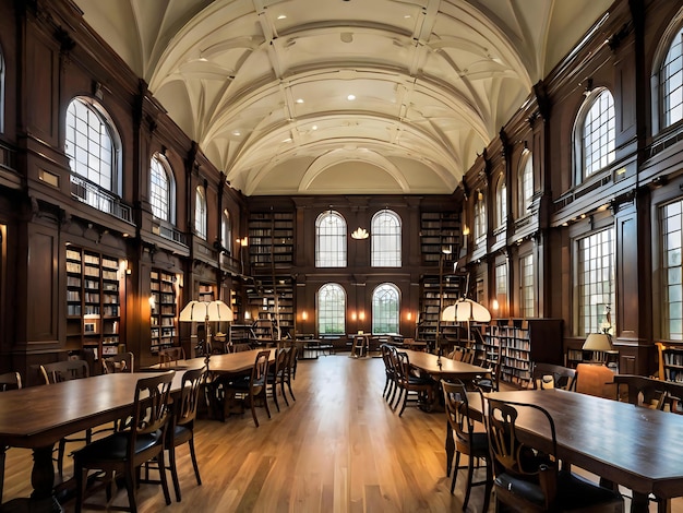 a library with a table and chairs with a large fireplace in the middle