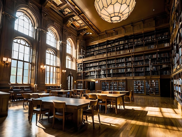 a library with a table and chairs with a large fireplace in the middle