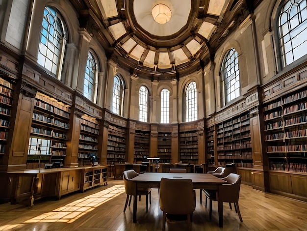 a library with a table and chairs with a round table in the middle