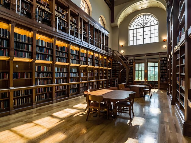 a library with a table and chairs with a table in the middle