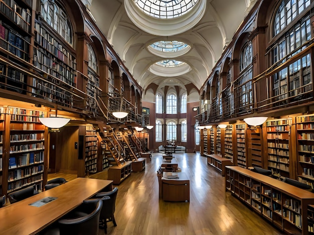 a library with a table and a lamp on the ceiling