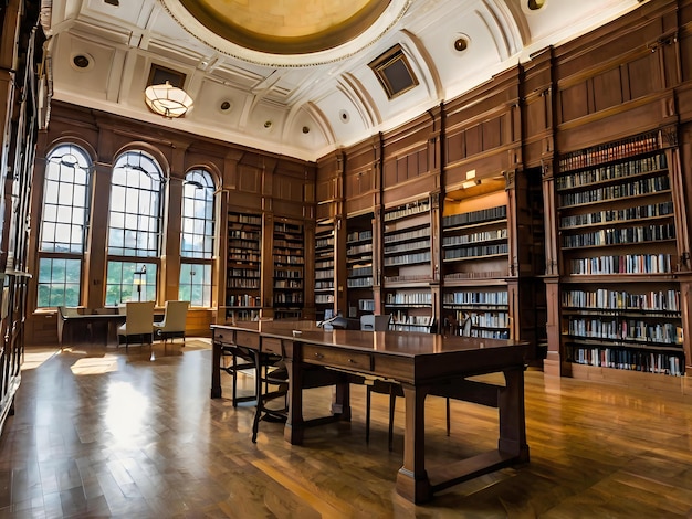 a library with a table and many chairs in it