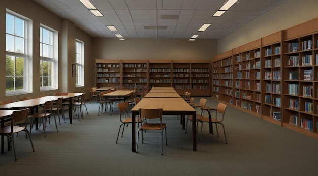 a library with tables and chairs with chairs and a sign that says no