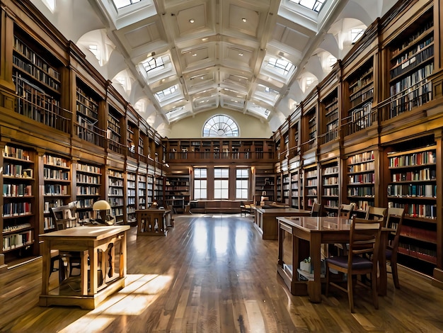 a library with a wooden floor and a large window that says quot the library quot