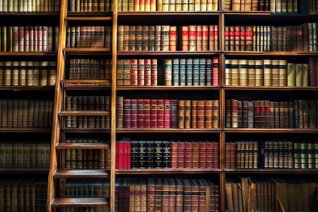 A library with a wooden ladder leading up to the top shelf