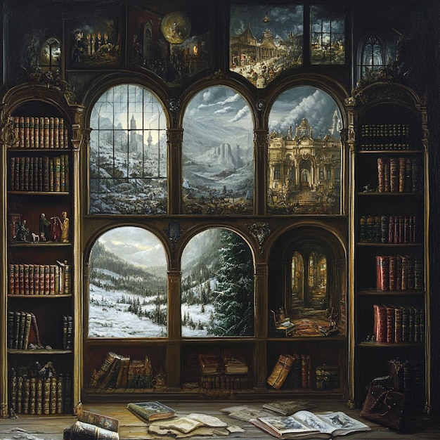 Photo the librarys windows show scenes from different times and places as if peering through portals to o