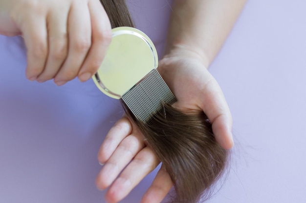 Lice comb and brunette hair