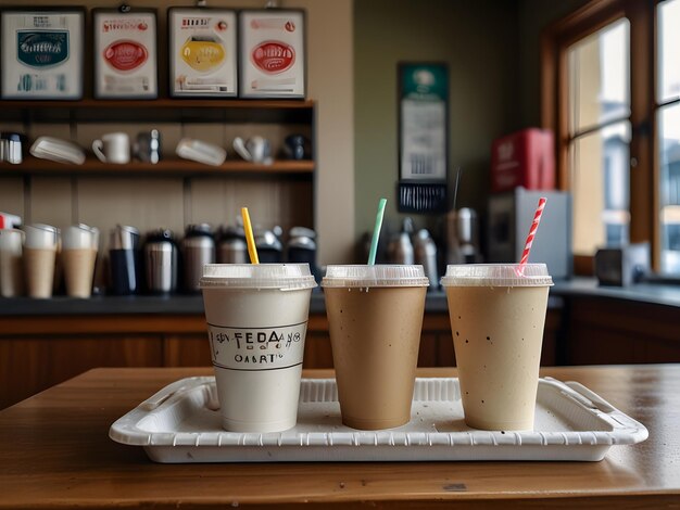 Photo lids straws paper napkins sugar cup trays on a table