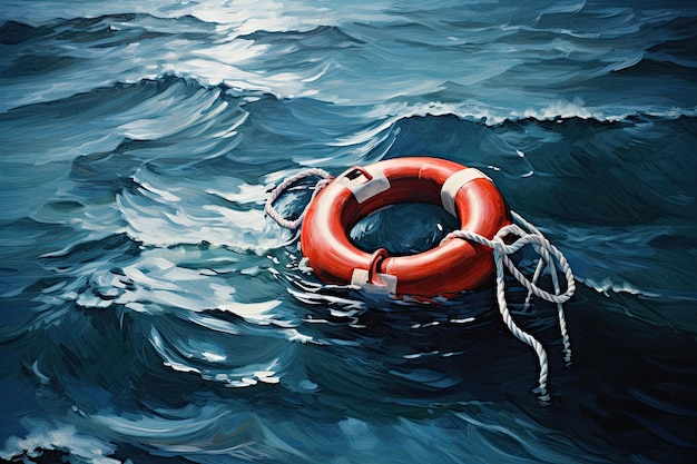 Photo life buoy on rough blue water background symbolizing rescue in the sea