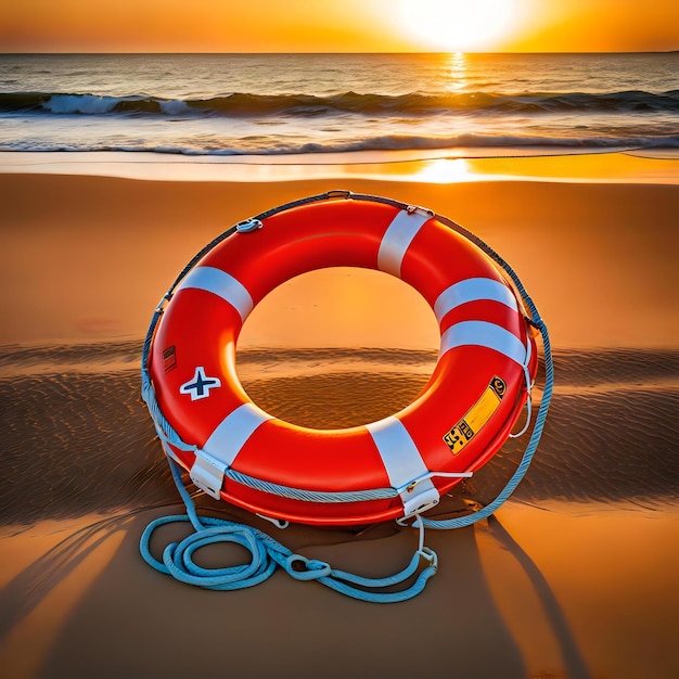 Photo life buoy on sandy seashore edge