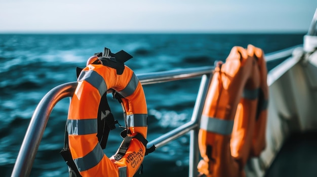 Photo a life jacket hanging on a boat railing ready for use in case of emergency