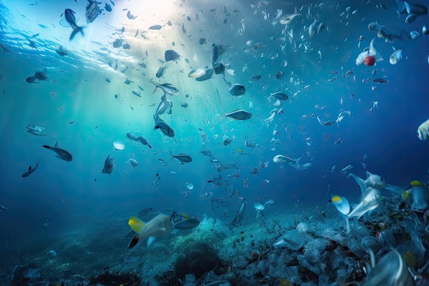 Life under the ocean with microplastics and other trash floating around created with generative ai