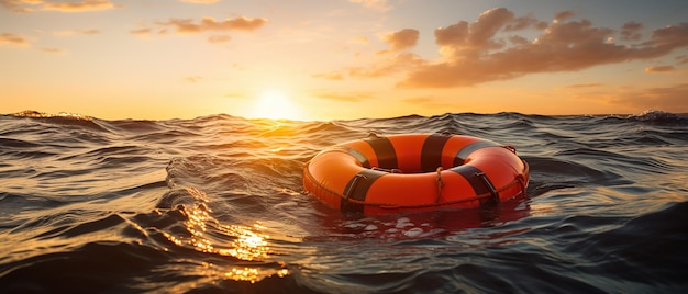 Life Preserver Floating in the Ocean at Sunset AI Generated Image