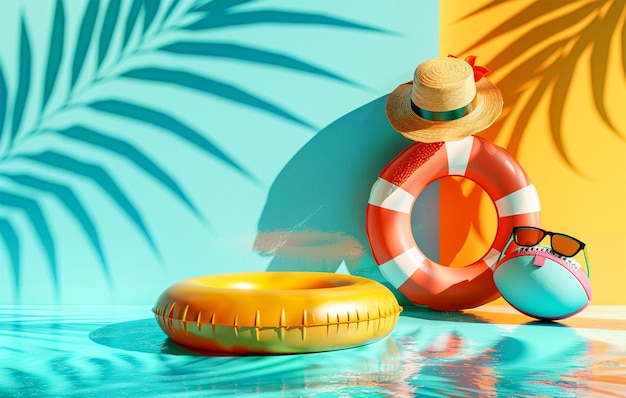 a life preserver and a palm tree are on a blue background