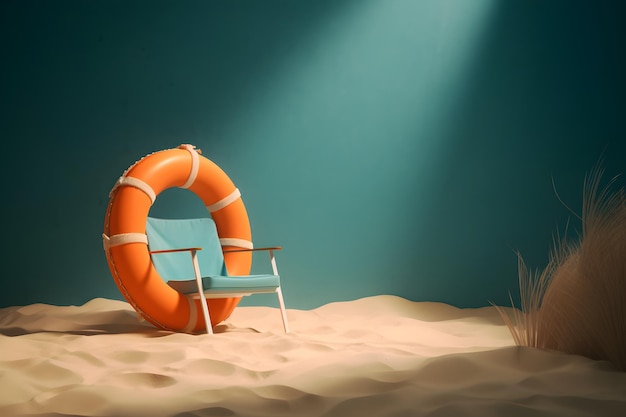 A life preserver sits on a beach in front of a blue background.