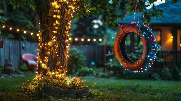 Photo a life ring hangs from a tree with lights around it