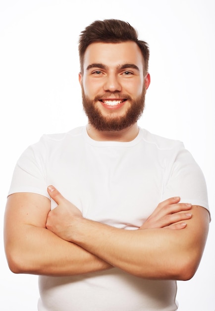 Life style and people concept young bearded man casual style close up Isolated on white background