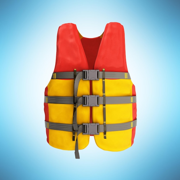 Photo life vest red yellow 3d render on blue background