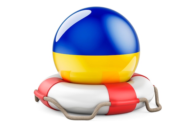 Lifebelt with Ukrainian flag Safe help and protect of Ukraine concept 3D rendering