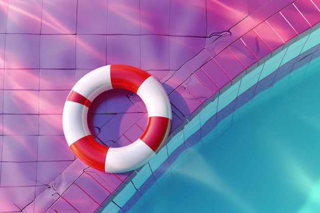 Photo lifebuoy on a colorful swimming pool background reflecting water ripples and vivid hues the pink and