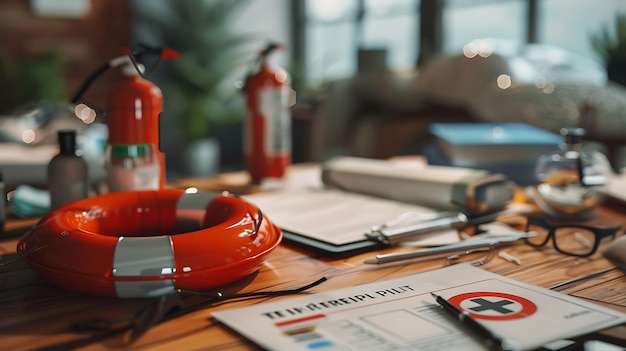 Photo lifebuoy on desk in hotel room close up accident prevention concept