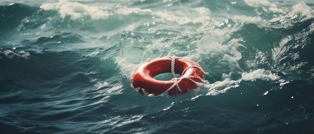 Lifebuoy floats in rough sea waters Safety and rescue concept Generative AI