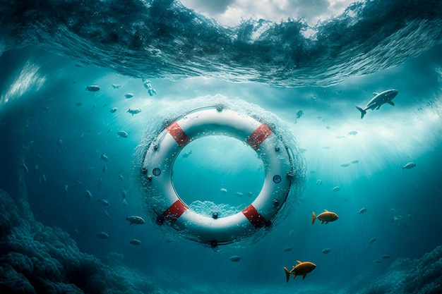 Lifebuoy underwater Lifebuoy sinks to the bottom of the sea Generative AI