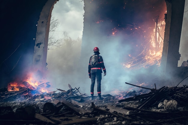 Lifeguard standing amidst the destruction of a building the aftermath of a disaster Generative AI