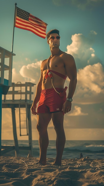 Lifeguard standing on beach American flag