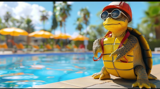 A lifeguard turtle is sitting on the edge of a swimming pool wearing a red and white hat and sunglasses