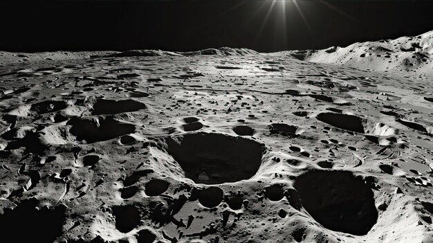 lifeless surface of the moon with craters against the backdrop of the glow of the Sun