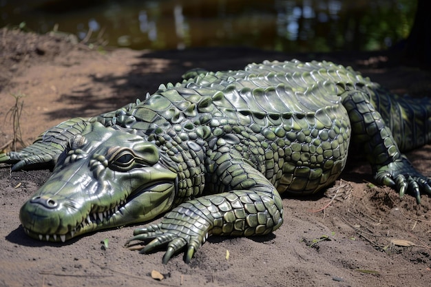 Lifelike alligator sculpture resting on riverbank