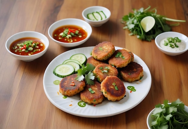 Lifelike Image of Thai Fish Cakes on a Wooden Table