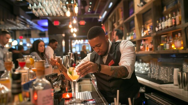 Photo lifelike photo of a bartender mixing a colorful cocktail in a vibrant bar setting