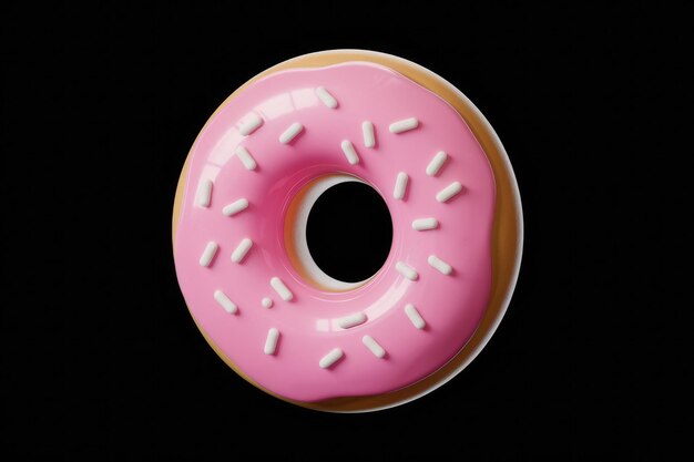 Photo a lifelike pink donut with white sprinkles against a black background