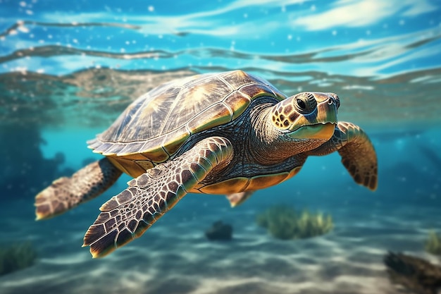 a lifelike rendering of a turtle swimming gracefully AI generated