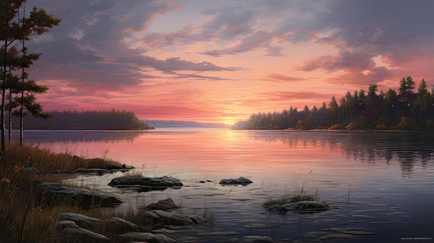 Lifelike representation of a calm lakeside sunset