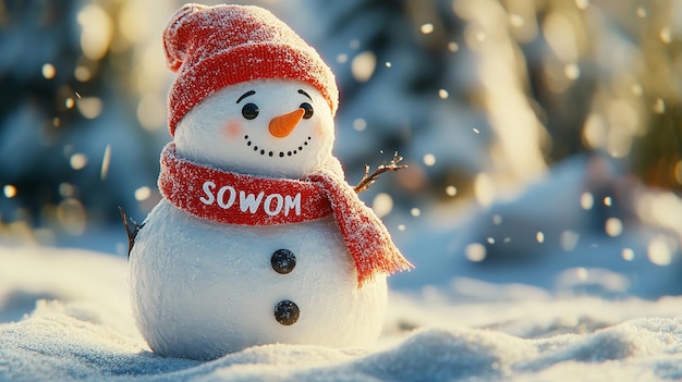 Lifelike Snowman in Winter Wonderland with Red Scarf and Snowy Backdrop