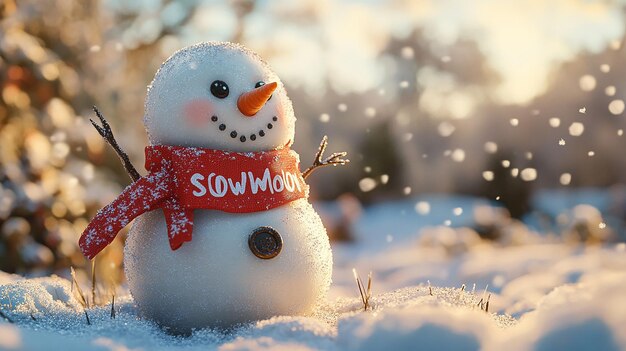 Lifelike Snowman in Winter Wonderland with Red Scarf and Snowy Backdrop