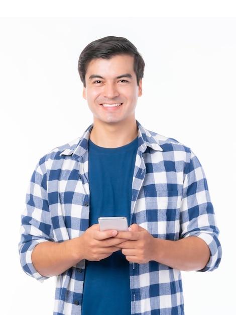 Lifestyle Asian man feel happy using smartphone shopping online and online banking isolated on white background with copy space business concept