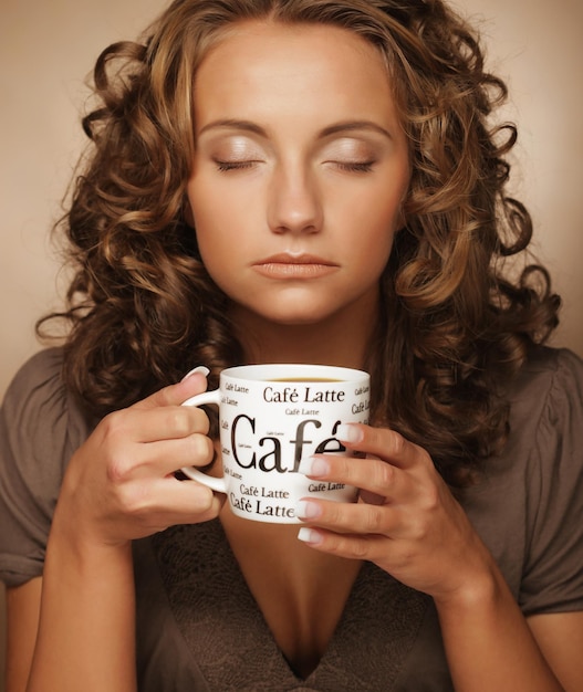 Lifestyle food and people concept young pretty woman drinking coffee