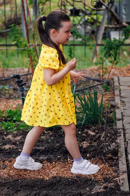 Lifestyle fulllength portrait of a girl in a yellow dress walking between vegetable beds and plants ...