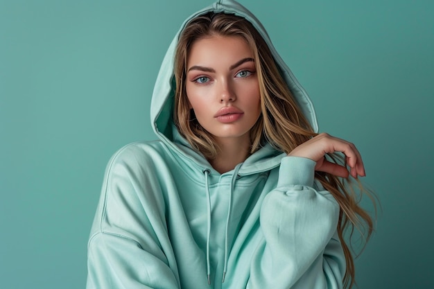 Photo lifestyle portrait of a beautiful woman in a chic hoodie with light mint shade set against a stylish fashion backdrop highlighting current trends and modern style