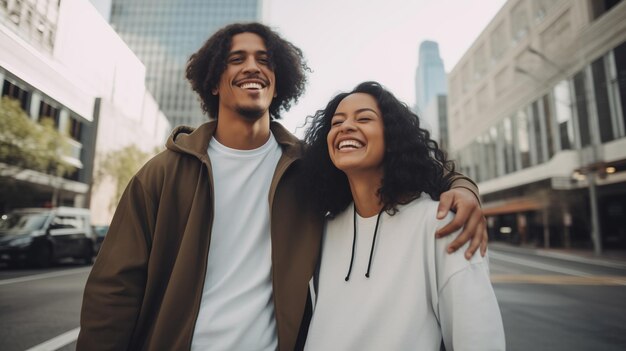 Lifestyle portrait happy smiling young black couple together enjoys a summer walk in the city