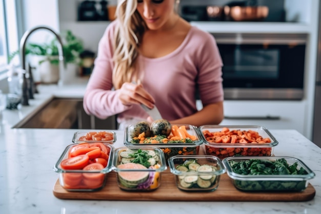 A lifestyle shot of a woman enjoying a homemade meal prep with containers filled with nutritious and portioned meals Generative AI