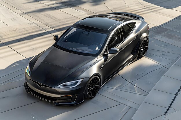 Photo a lifestyle stock photography of customized tesla model s with sleek carbon fiber body kit