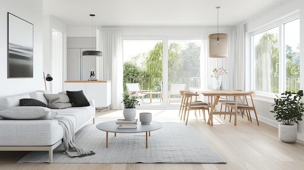 A light and airy living room with a white sofa a round coffee table and large windows overlooking a green space